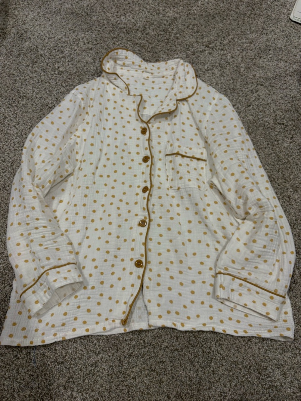 Women’s White Polka Dot Cotton Pajama Set with Mustard Trim - Picture 3 of 4